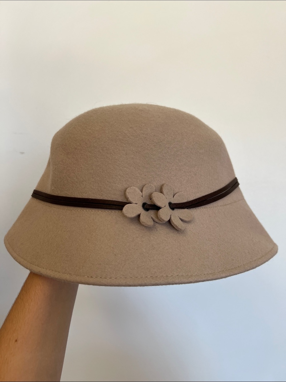 Charter Club Tan Neutral 100% Wool Bucket Hat with Floral Accent